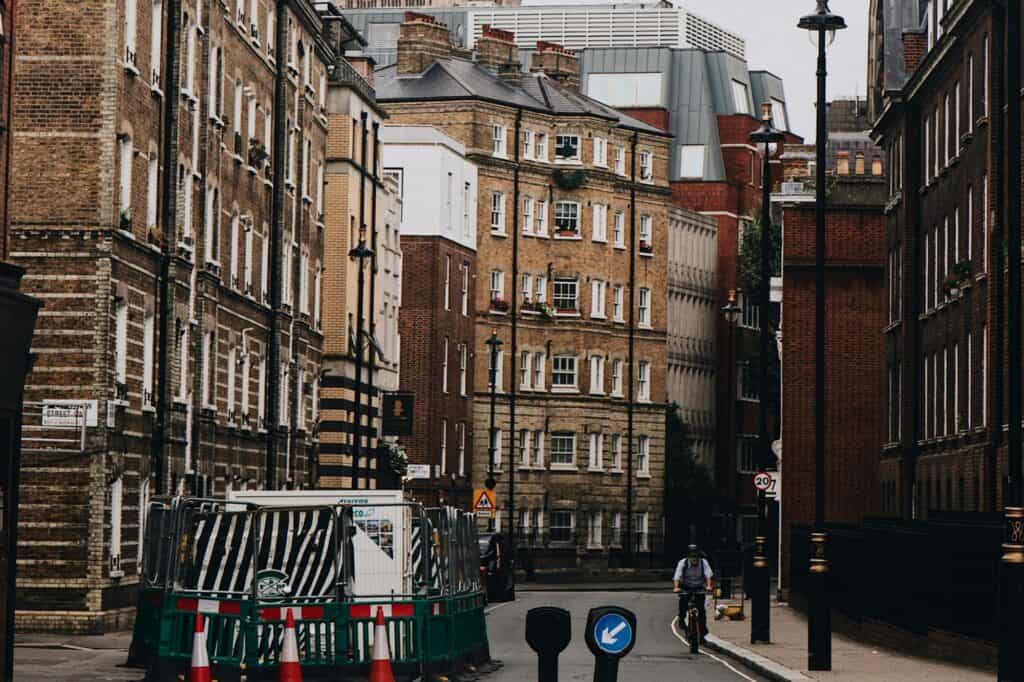 A street full of old British townhouses