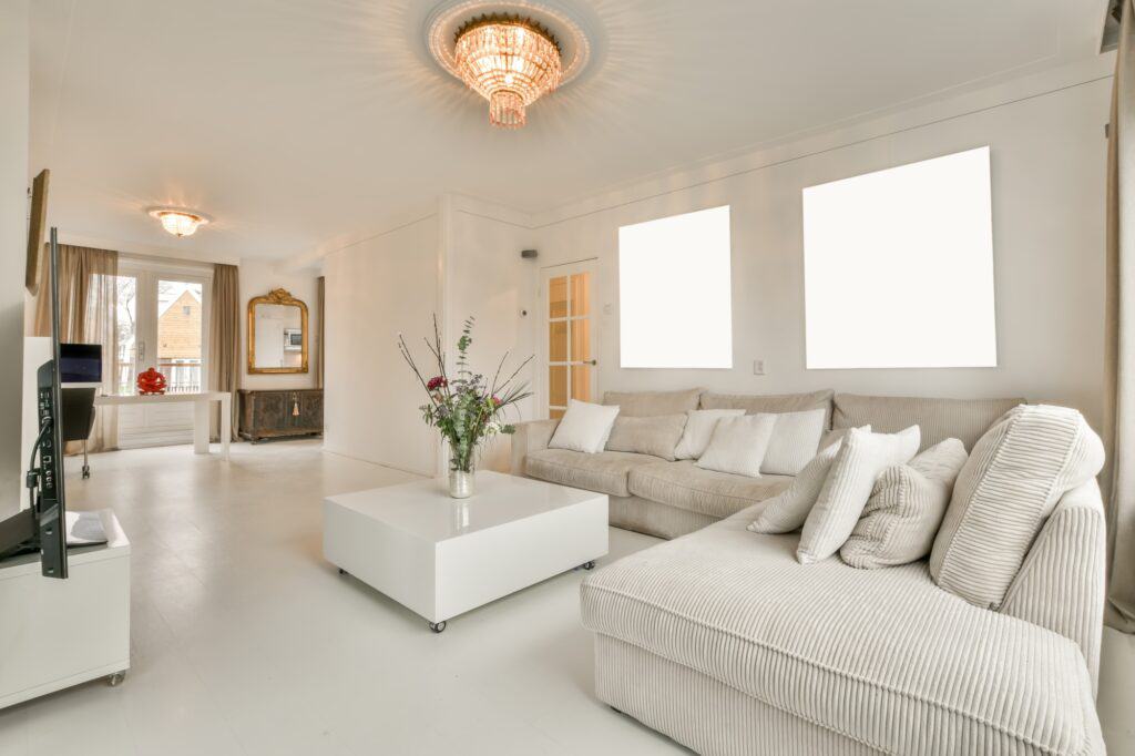 A modern living room with bulky furniture
