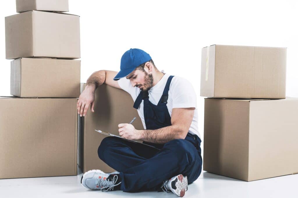 A professional packer is updating the inventory list while surrounded by stacks of carton in the concept of 'what are the benefits of hiring professional packers'.