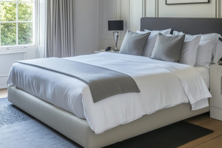 A large bed in a bedroom with neutral colours in the concept of 'How to Move Large Furniture When Moving House'.
